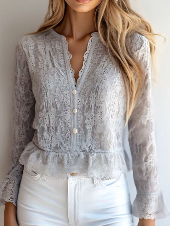 Stylish V-neck Button Down Long Sleeve Lace Shirt