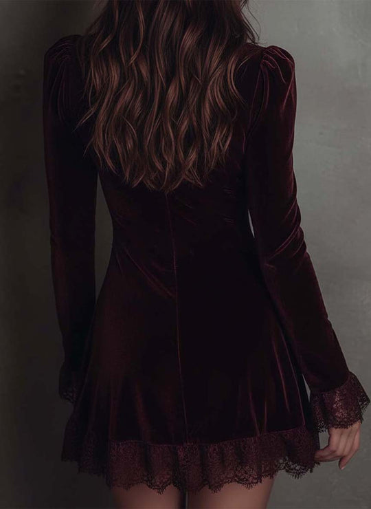 Polyester Velvet Lace Trim Mini Dress - Burgundy