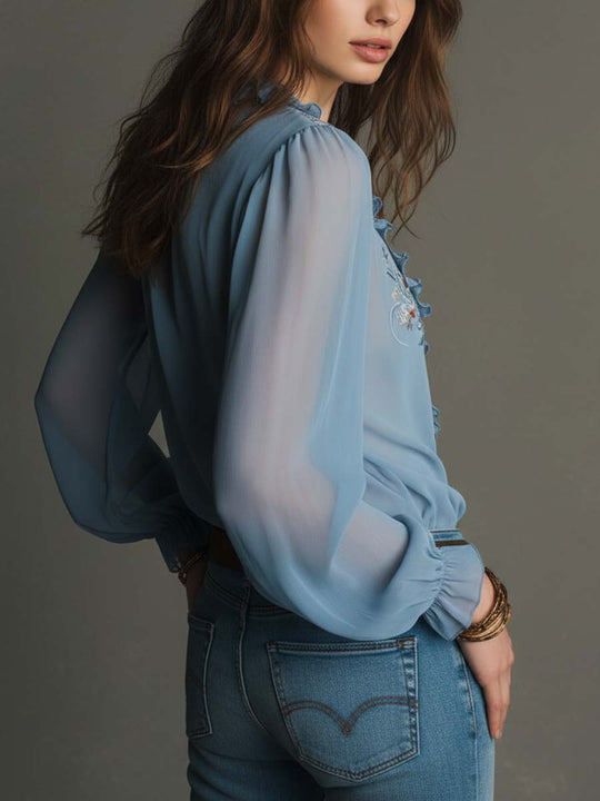 Embroidered Ruffled Zip-Front Chiffon Blouse – Mist Blue