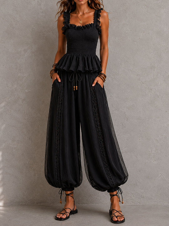 Boho Chic Black Smocked Peplum Two-Piece Set