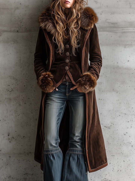 Brown Microfiber Suede Maxi Coat With Metal Buttons And Faux Fur Frim