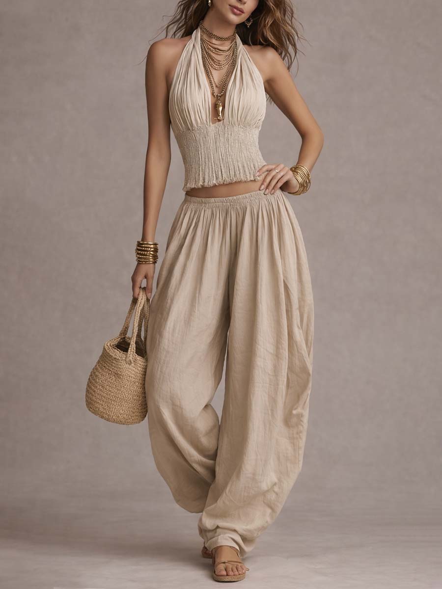 Bohemian Cotton-Linen Halter Smocked Crop Top & Harem Pants Two-Piece Set