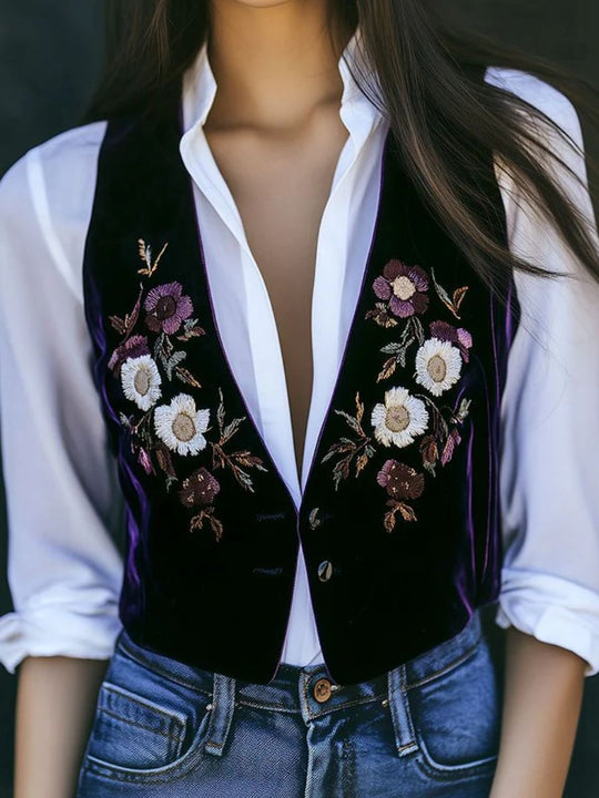 Retro V-neck Button Down Floral Embroidery Suede Vest