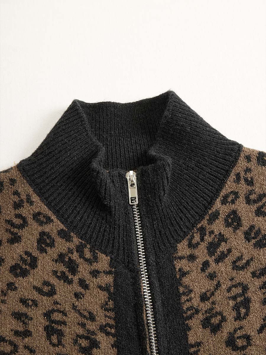 Vintage Leopard Print Slim Fit Zip Cardigan