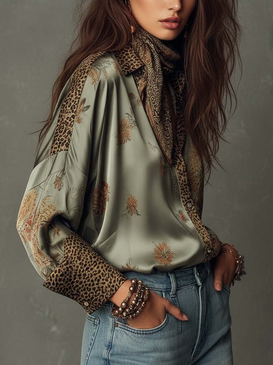 Satin Floral Button-Down Shirt With Leopard Trim