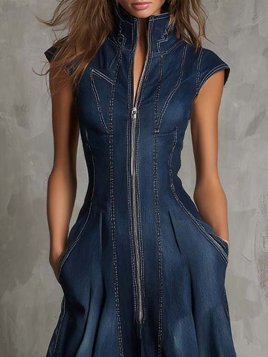Vintage Boho Zip-Front Denim Maxi Dress