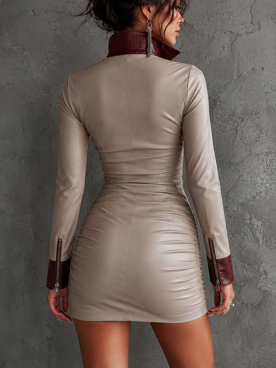 Retro Contrast Trim Faux Leather Mini Dress