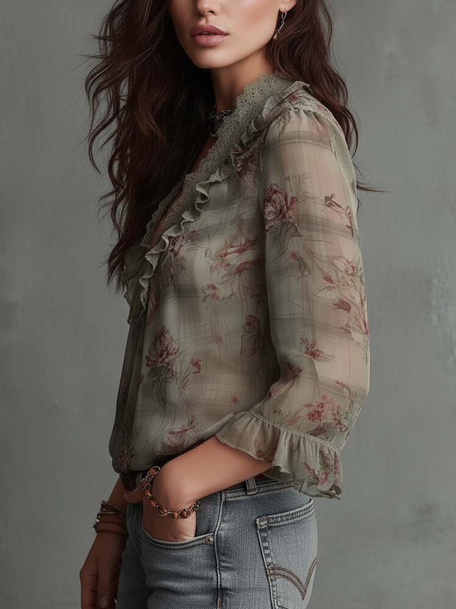 Vintage Floral Ruffle-Lace Chiffon Blouse