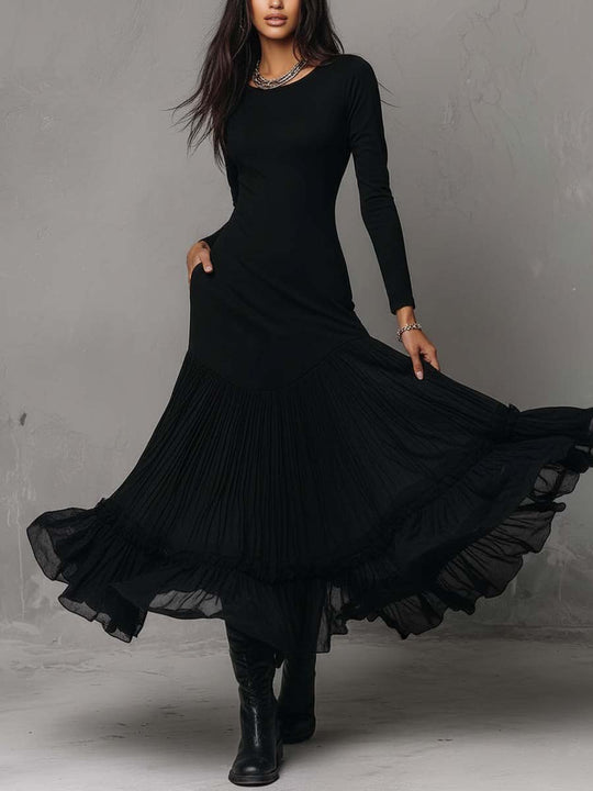 Black Pleated Hem Maxi Dress