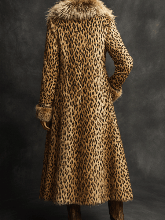 Vintage Boho Leopard  Faux Fur Longline Coat