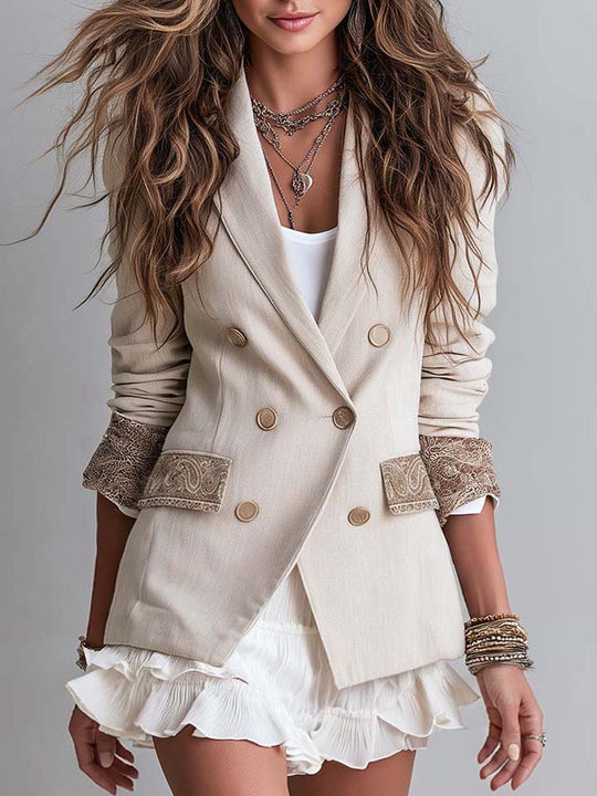 Boho Beige Double-Breasted Blazer With Paisley Cuffs