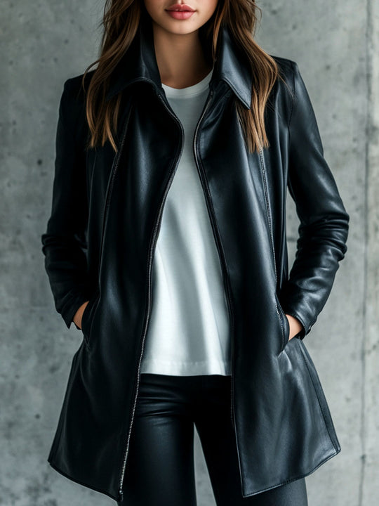 (clearance)Women Simple Lapel Solid Color Faux Leather Jacket