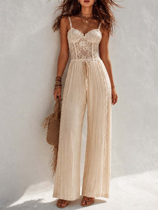 Bohemian Cream Lace Corset And Pleated Wide-Leg Jumpsuit