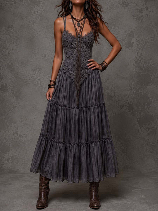 Dark Gray Lace Bodice Tiered Crinkle Maxi Dress