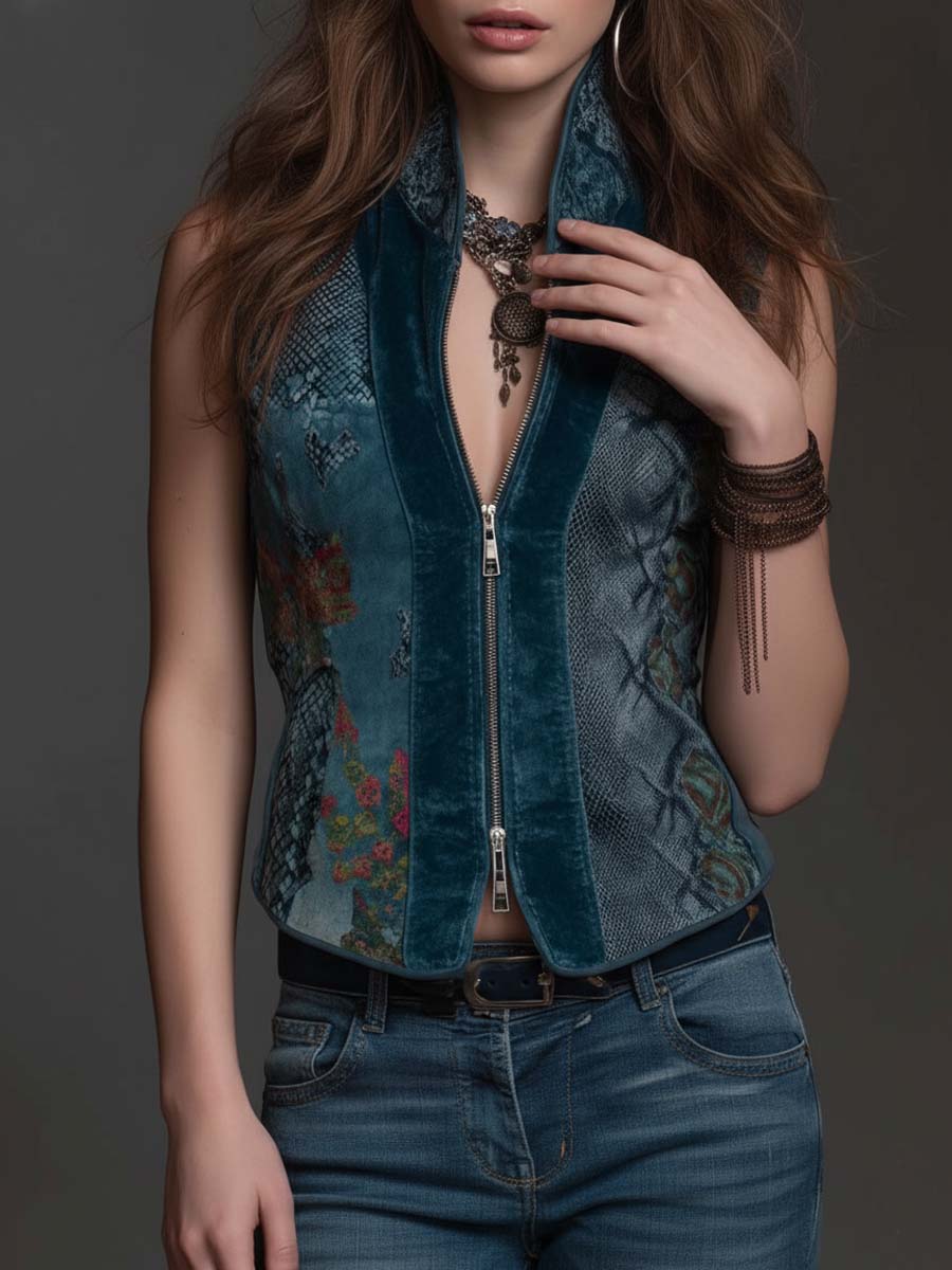Deep Teal Velvet Zip-Front Vest Top