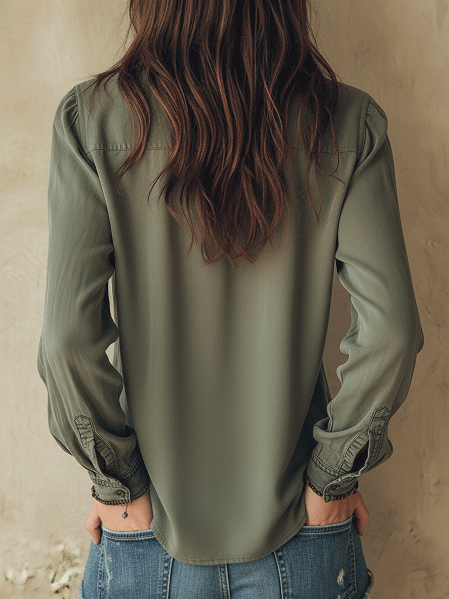 Vintage Boho Olive Lace-Trim Shirt