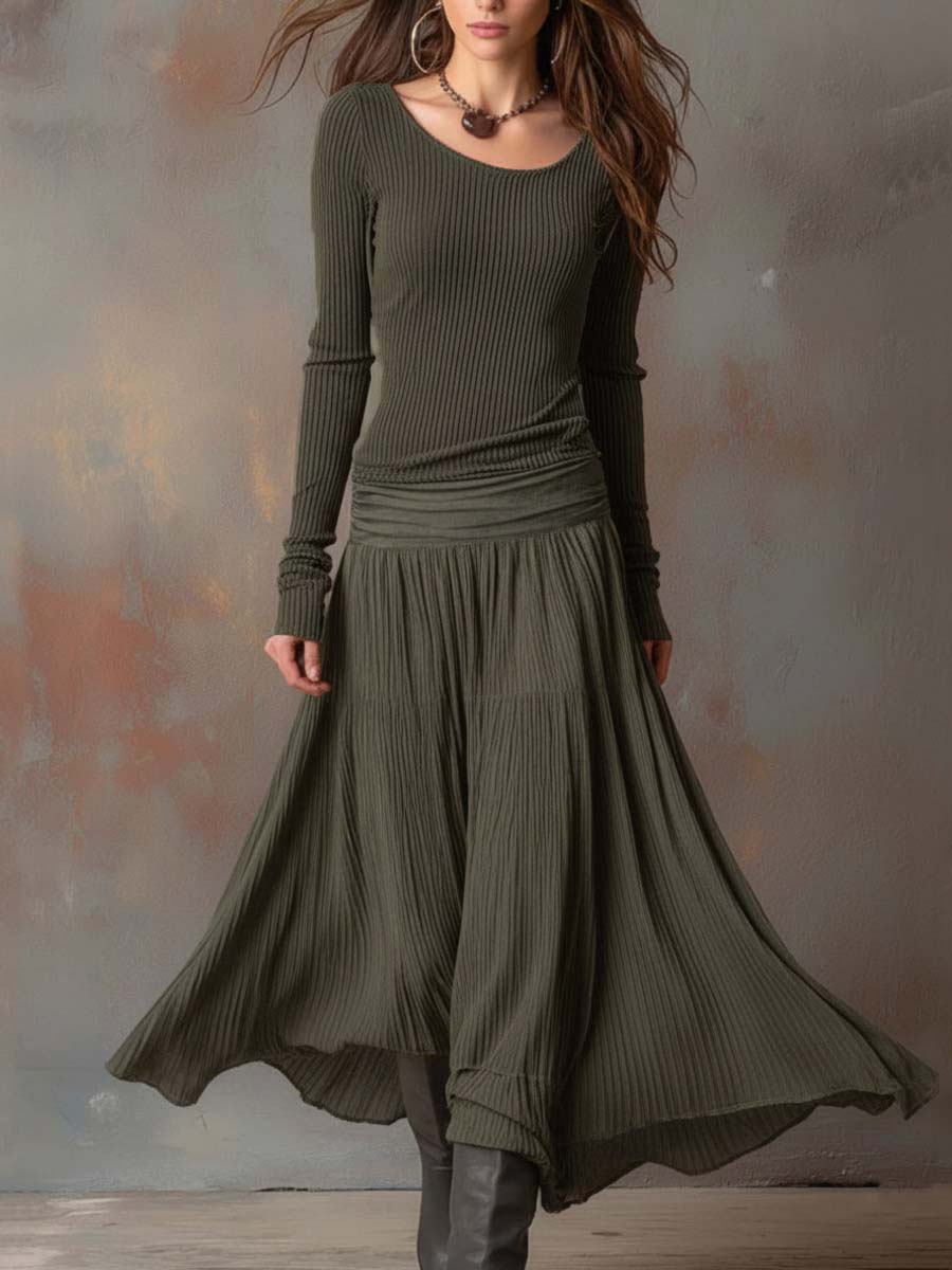 Vintage Ribbed Knit Maxi Dress In Charcoal Gray