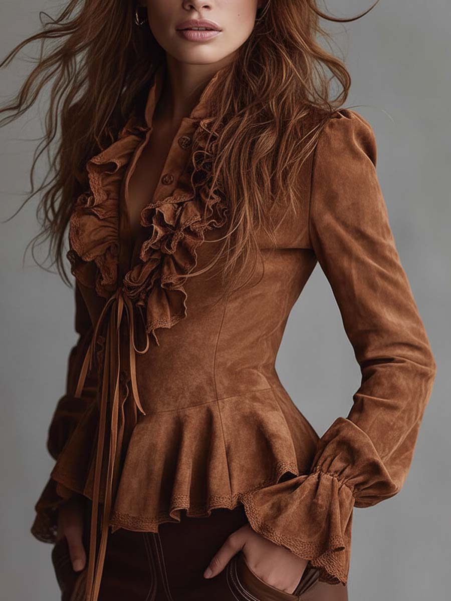 Vintage Caramel Eco-Suede Ruffle Blouse With Lace Trim