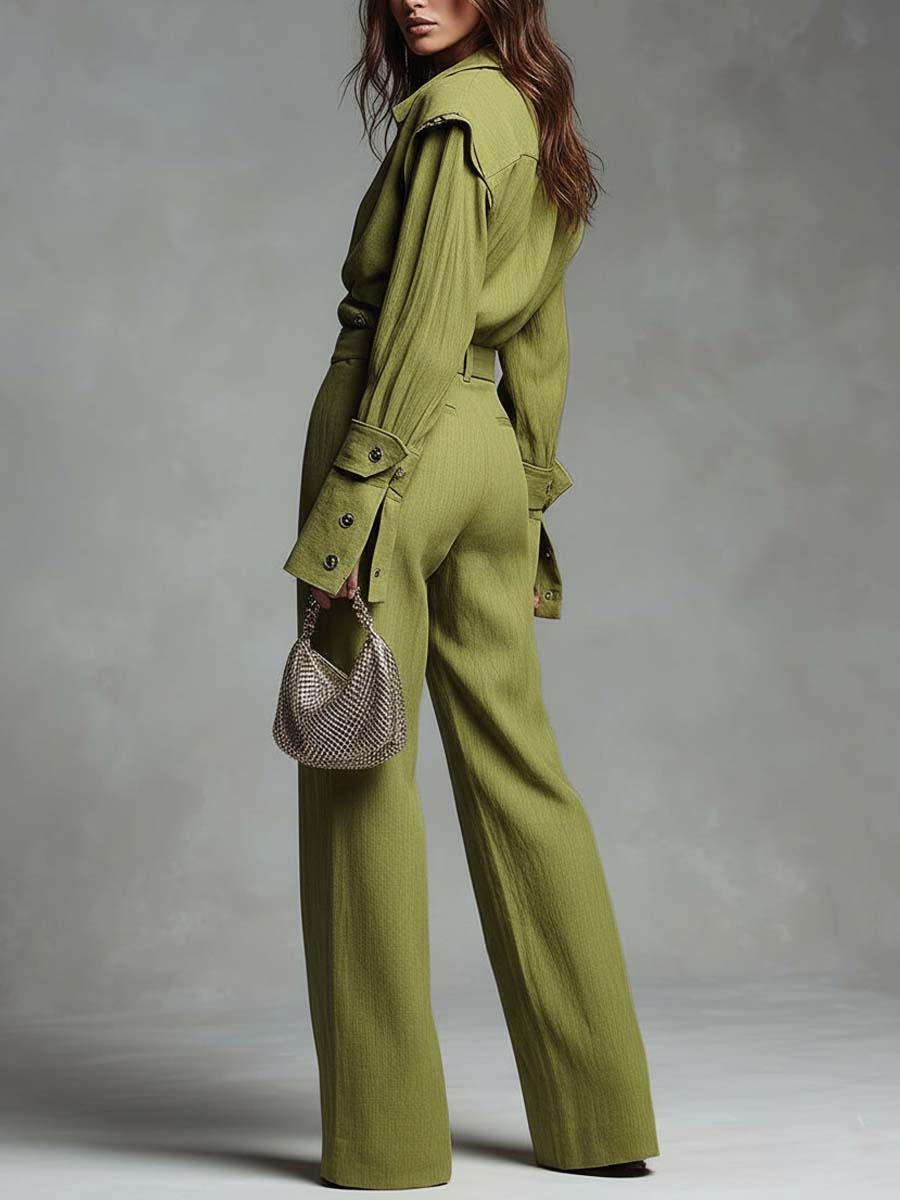 Rayon-Linen Tailored Wrap Shirt & Wide-Leg Trouser Set