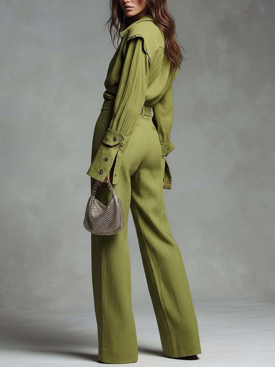Rayon-Linen Tailored Wrap Shirt & Wide-Leg Trouser Set
