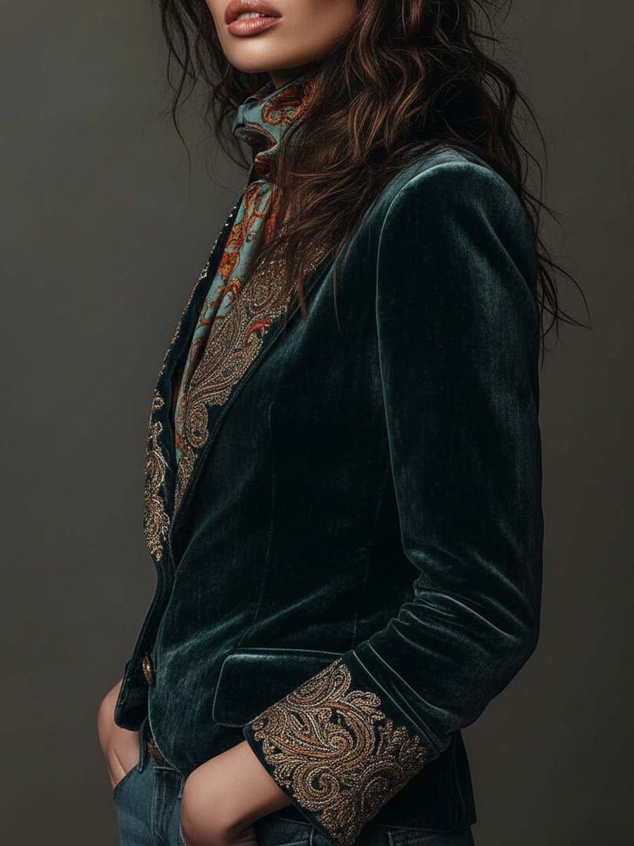 Velvet Blazer With Intricate Embroidered Lapels
