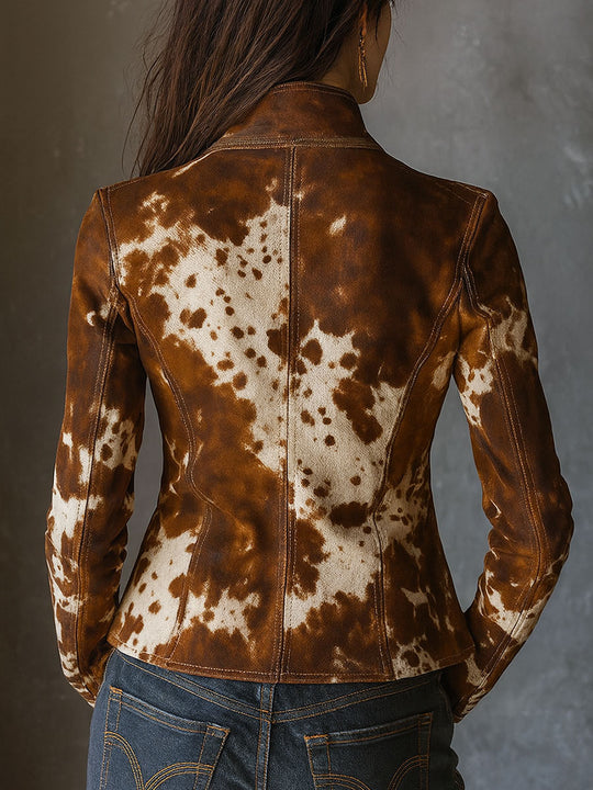Vintage Stand Collar Suede Cow Print Slim Jacket