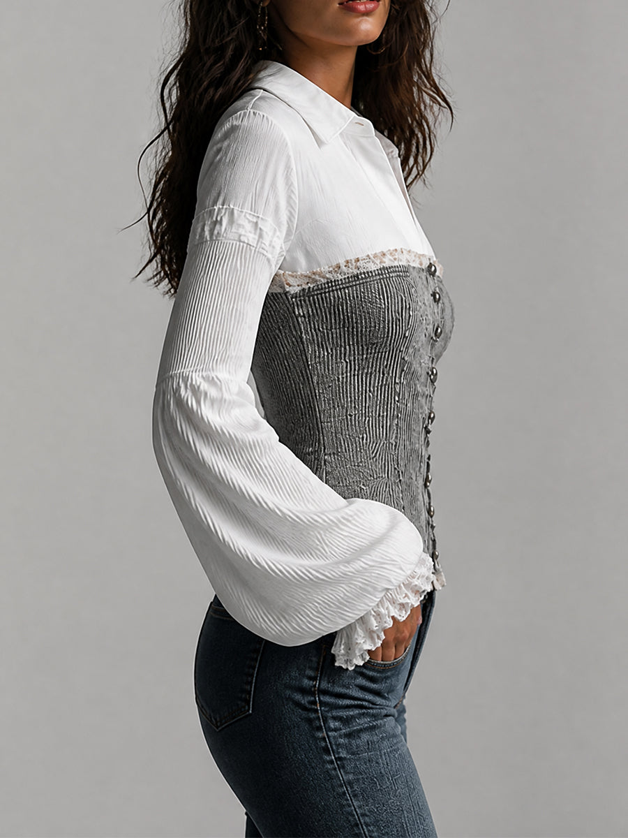 Faux Two-Piece Shirt And Ribbed Corset Top