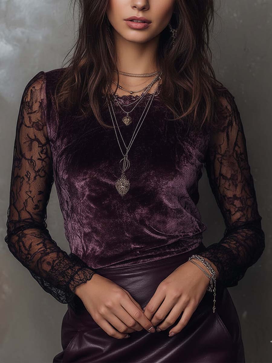 Velvet And Lace Gothic Sheer-Sleeve Top