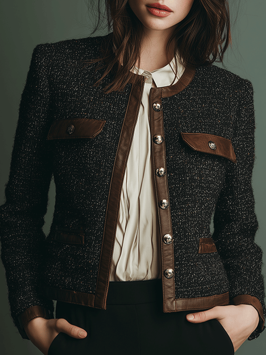 Classic Vintage Leather Trim Tweed Jacket