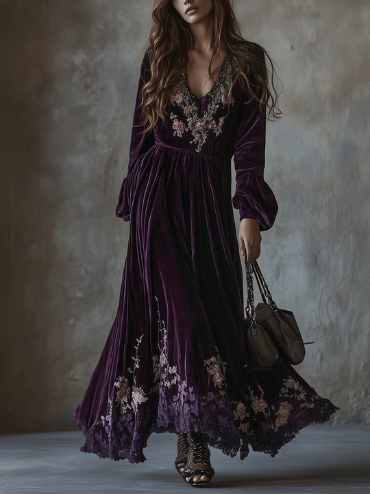 Vintage Floral Embroidered Velvet Maxi Dress
