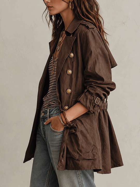 Utility Chic Cotton-Twill Double-Breasted Belted Chocolate Brown Trench Coat