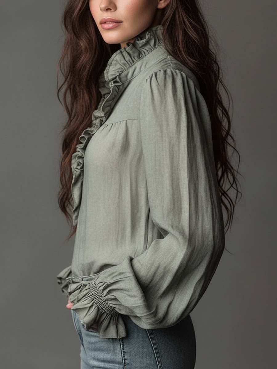 Vintage Ruffled Half-Zip Boho Blouse