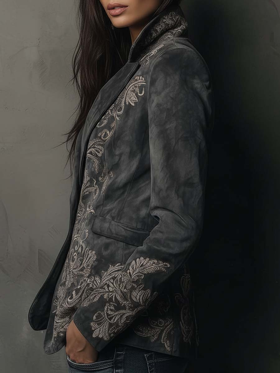 Embossed Floral Eco-Suede Blazer In Charcoal Taupe