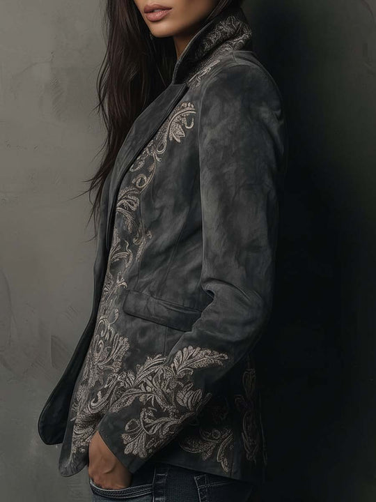 Embossed Floral Eco-Suede Blazer In Charcoal Taupe