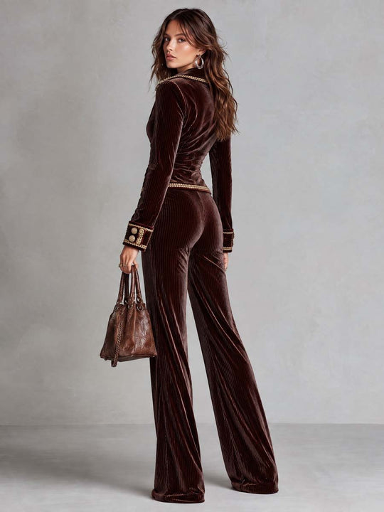 Retro Corduroy Jumpsuit With Gold-trimmed Zip-up Jacket And Flared Trousers
