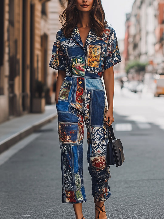 Fashion Creative Patchwork Denim Jumpsuit