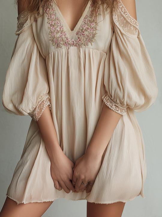 Boho Floral Embroidered Chiffon Wrinkle Mini Dress