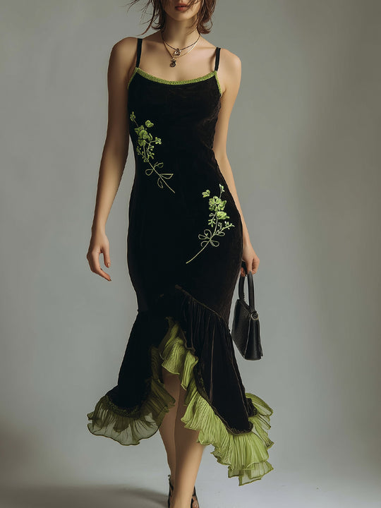 Embroidered Polyester Velvet Patchwork Fishtail Midi Slip Dress