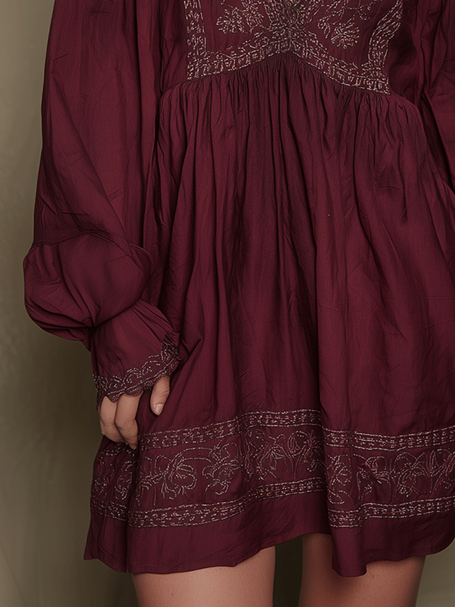 Vintage Boho Embroidered Burgundy Mini Dress
