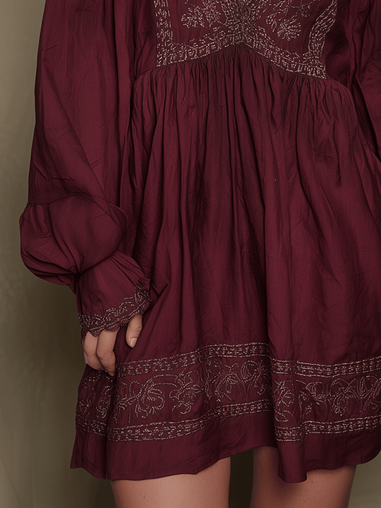 Vintage Boho Embroidered Burgundy Mini Dress