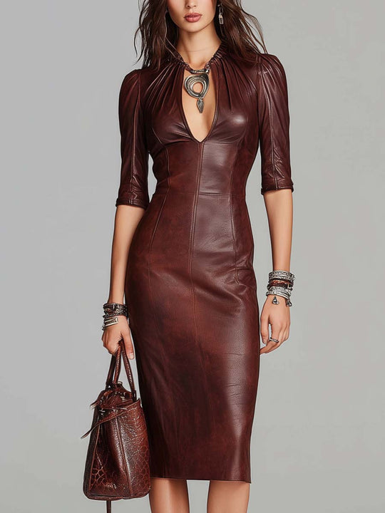 Sculpted Eco-Leather Keyhole Midi Dress – Spiced Apple