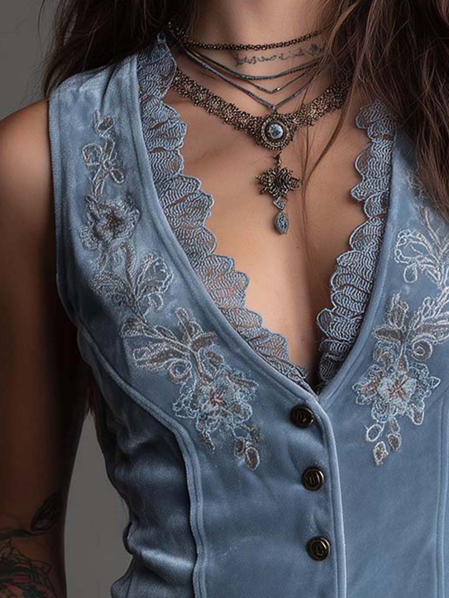 Dusty Blue Velvet Embroidered Lace-Trim Corset Vest