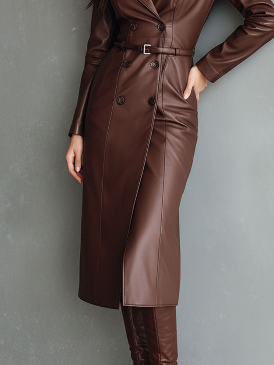 Vintage Double-Breasted Chocolate Brown Eco Leather Trench Dress
