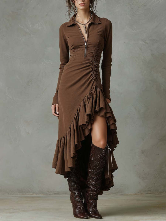 Ruffled High-Low Zip Midi Dress