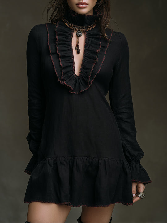 Retro Ruffled Placket Keyhole Neckline Cotton Blend Mini Dress