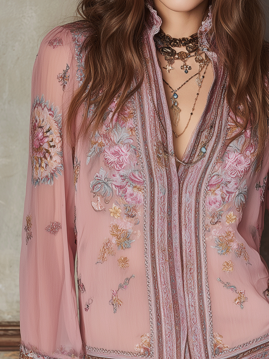 Romantic Boho Pink Floral Lace-Trim Blouse