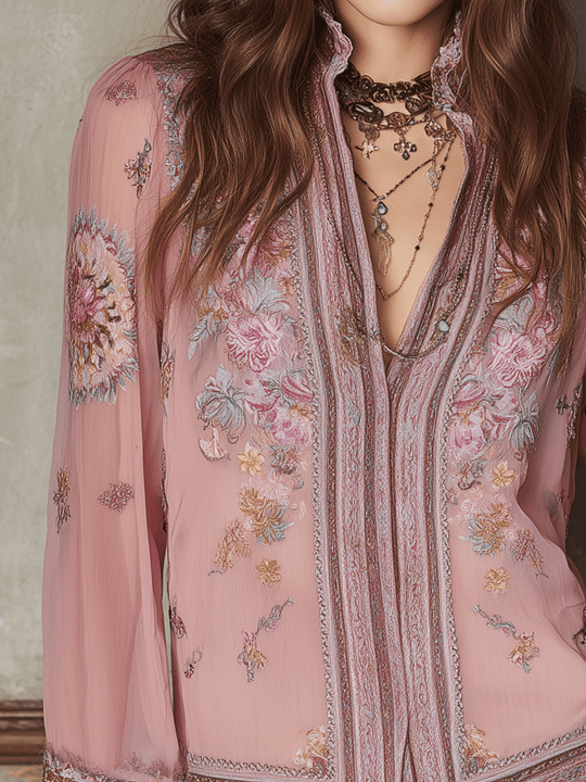 Romantic Boho Pink Floral Lace-Trim Blouse
