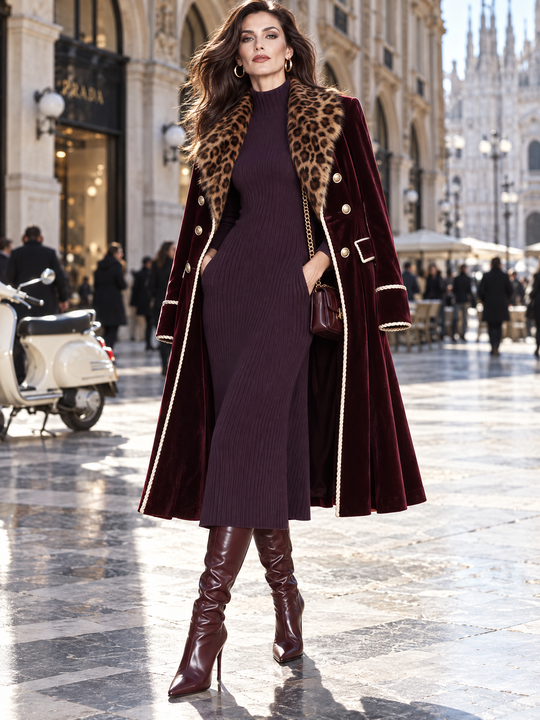 Retro Velvet Double-Breasted Midi Coat With Leopard Faux Fur Collar