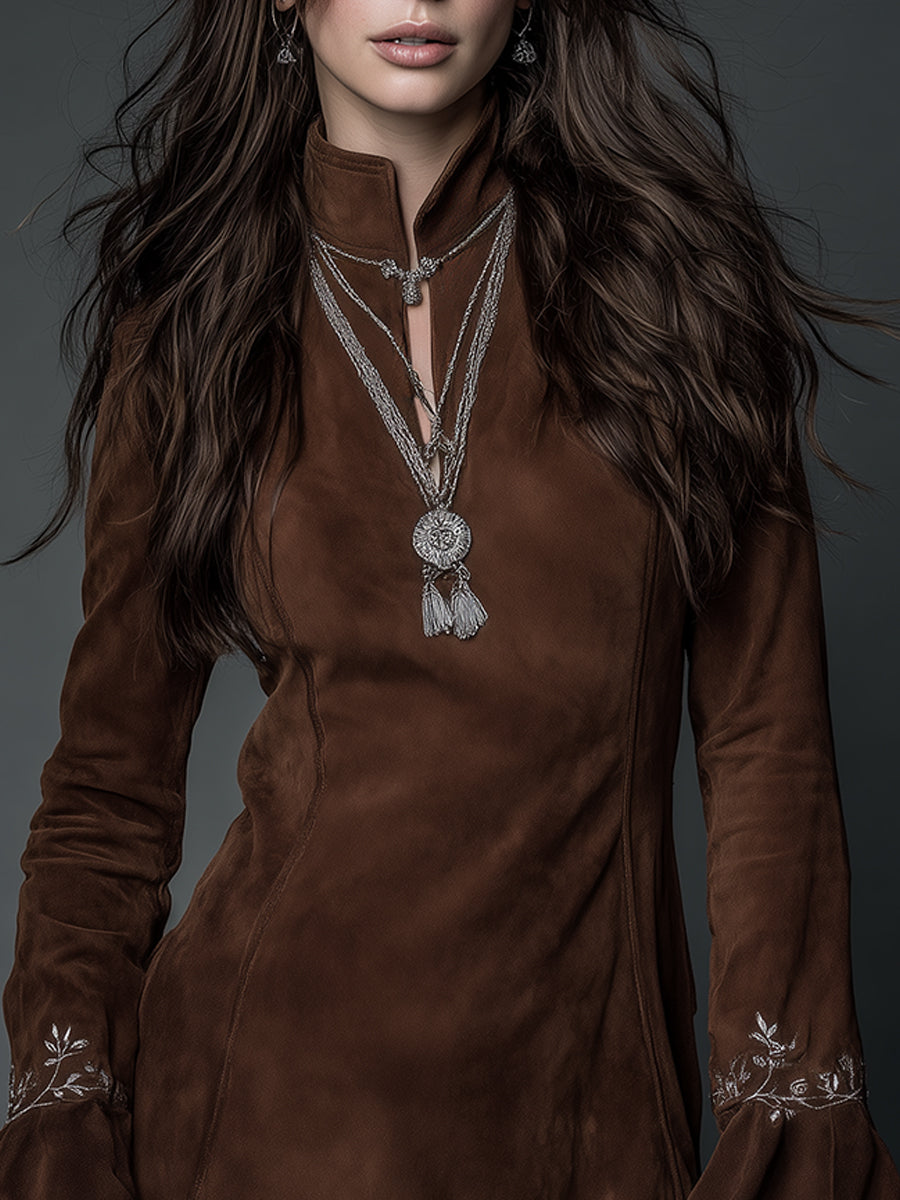 Elegant Polyester Suede Embroidered Bell Cuffs Mini Dress