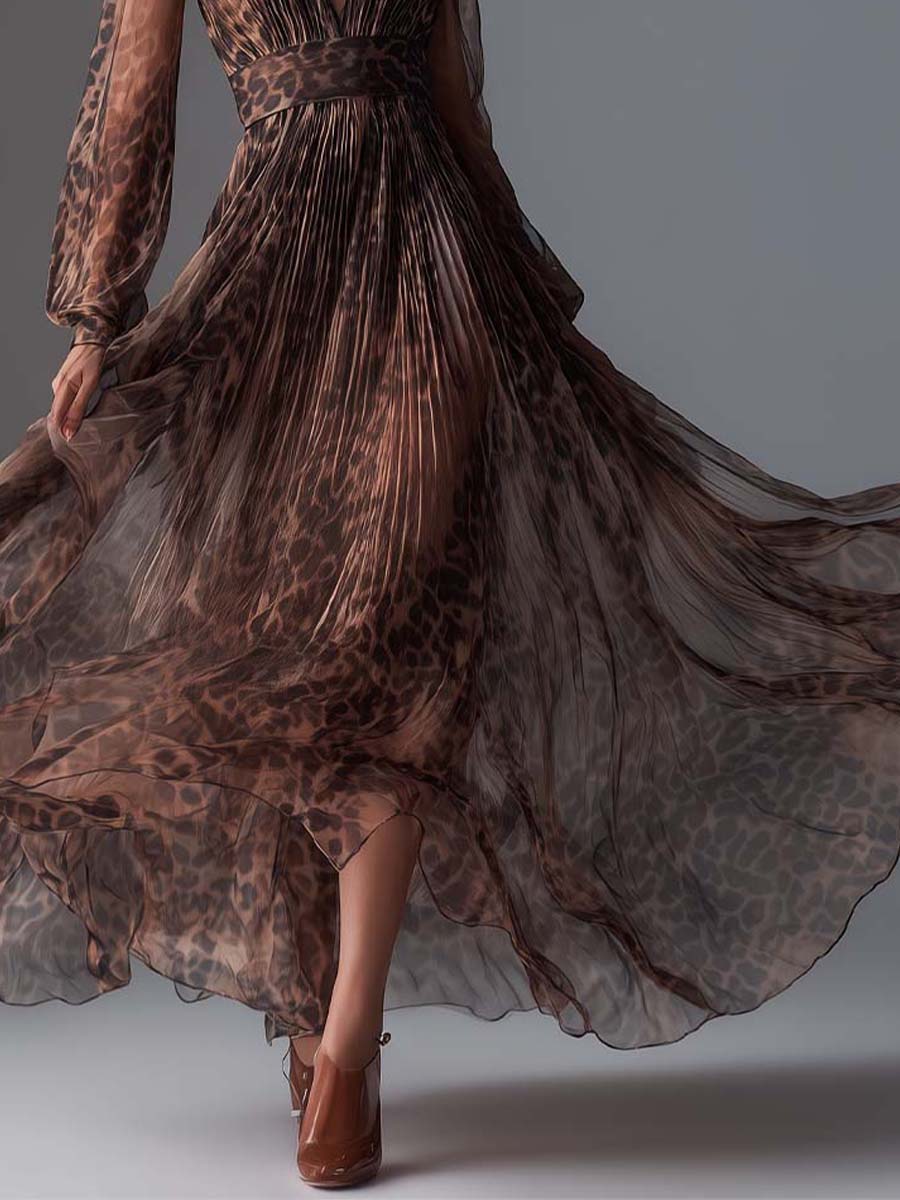Leopard Chiffon Pleated Maxi Dress